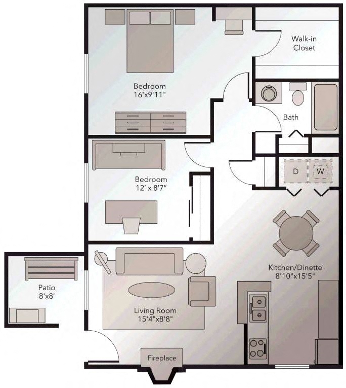 Floor plan for 2 beds, 1 bath, 800 sqft